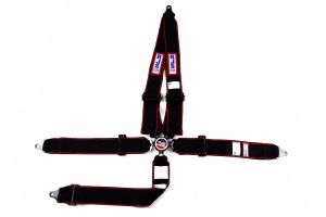 RJS SFI 16.1 Elite CAM-LOCK Harness 3" Pull Down Lap Belt 3" Shoulder Harness "V" Roll Bar Mount 3" Single Sub All Bolt Ends Black/Red